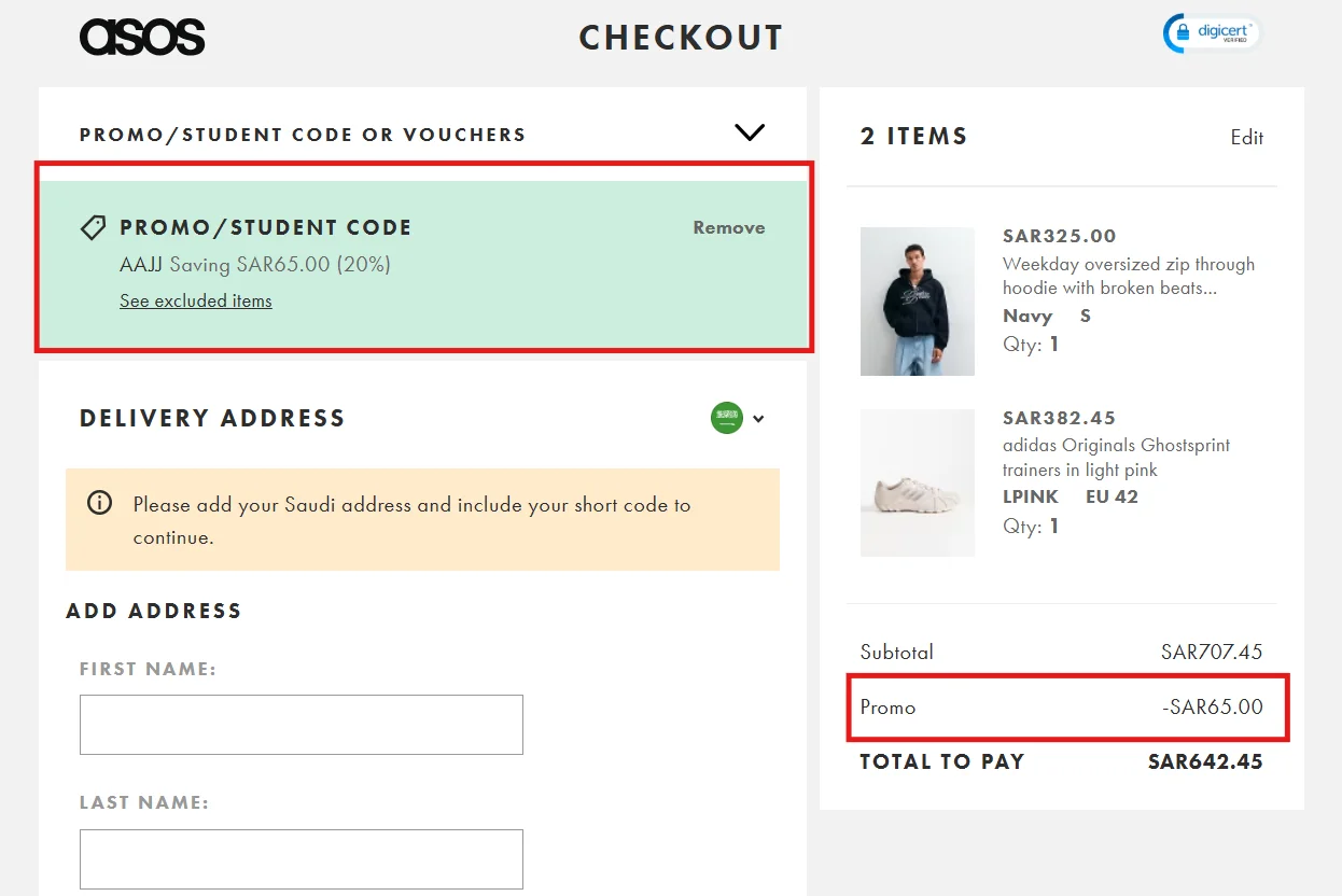 تجربة كود ASOS AAJJ وظهور خصم 65 ريال على منتج بسعر 325 ريال